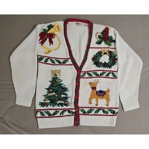 VTG Christmas Cardigan Bechamel Red, White & Green Collar With Shoulder Pads